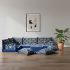 Arabic Floor Sofa Set – Blue L Shaped Majlis Sectional with 4 Inch Cushions