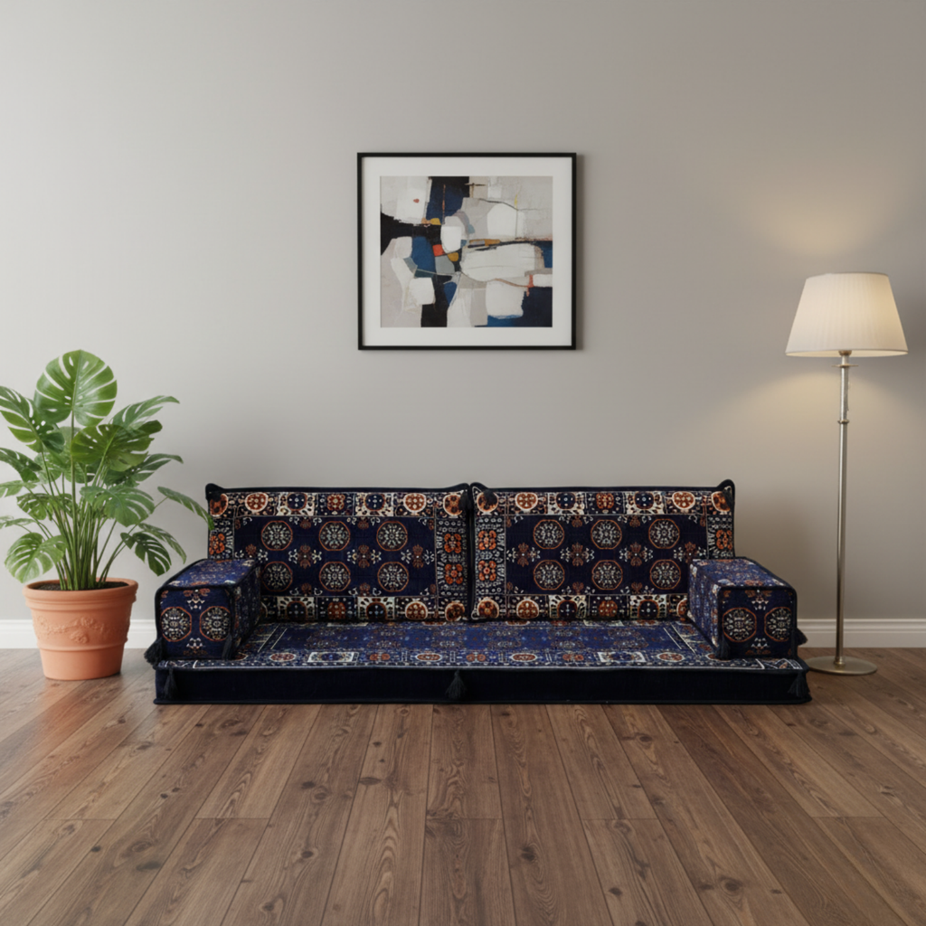 Arabic Loveseat Sofa Set – Navy Loveseat Set with 4 and 8 Inch Cushion Options