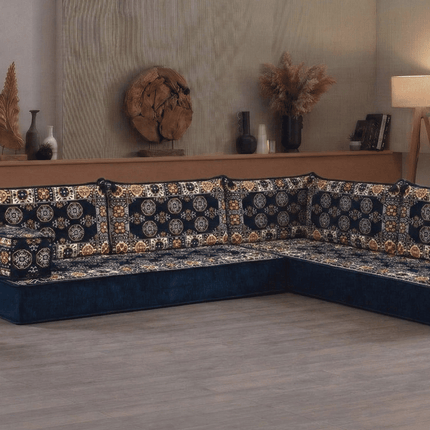Arabic Floor Sofa Set – Navy L Shaped Majlis Sectional with 8 Inch Cushions