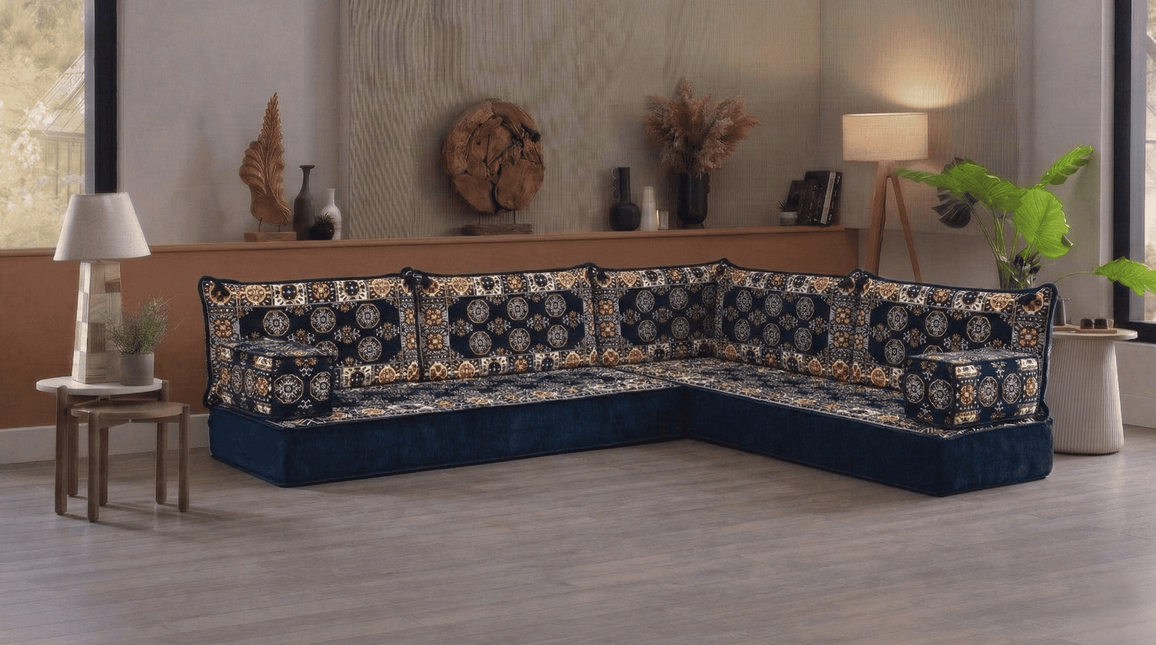 Arabic Floor Sofa Set – Navy L Shaped Majlis Sectional with 8 Inch Cushions