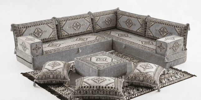 Arabic Floor Sofa Set – Gray L Shaped Majlis Sectional with 8 Inch Cushions
