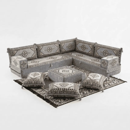 Arabic Floor Sofa Set – Gray L Shaped Majlis Sectional with 8 Inch Cushions