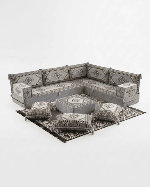 Arabic Floor Sofa Set – Gray L Shaped Majlis Sectional with 8 Inch Cushions
