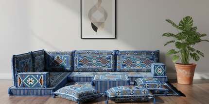 Arabic Floor Sofa Set – Navy Blue L Shaped Majlis Sectional with 4 Inch Cushions