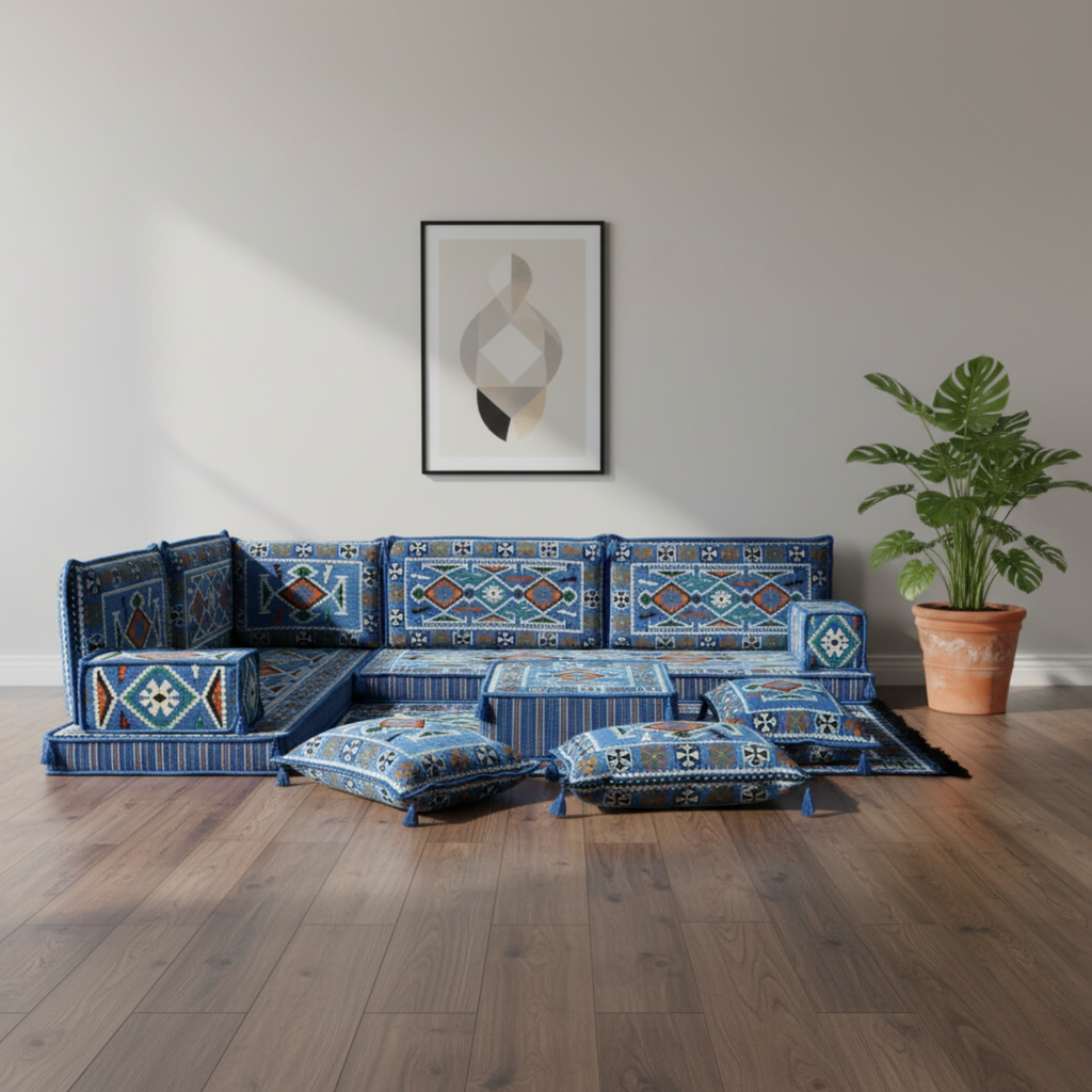 Arabic Floor Sofa Set – Navy Blue L Shaped Majlis Sectional with 4 Inch Cushions
