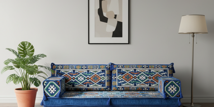 Arabic Loveseat Sofa – Blue Loveseat with 4 and 8 Inch Cushion Options