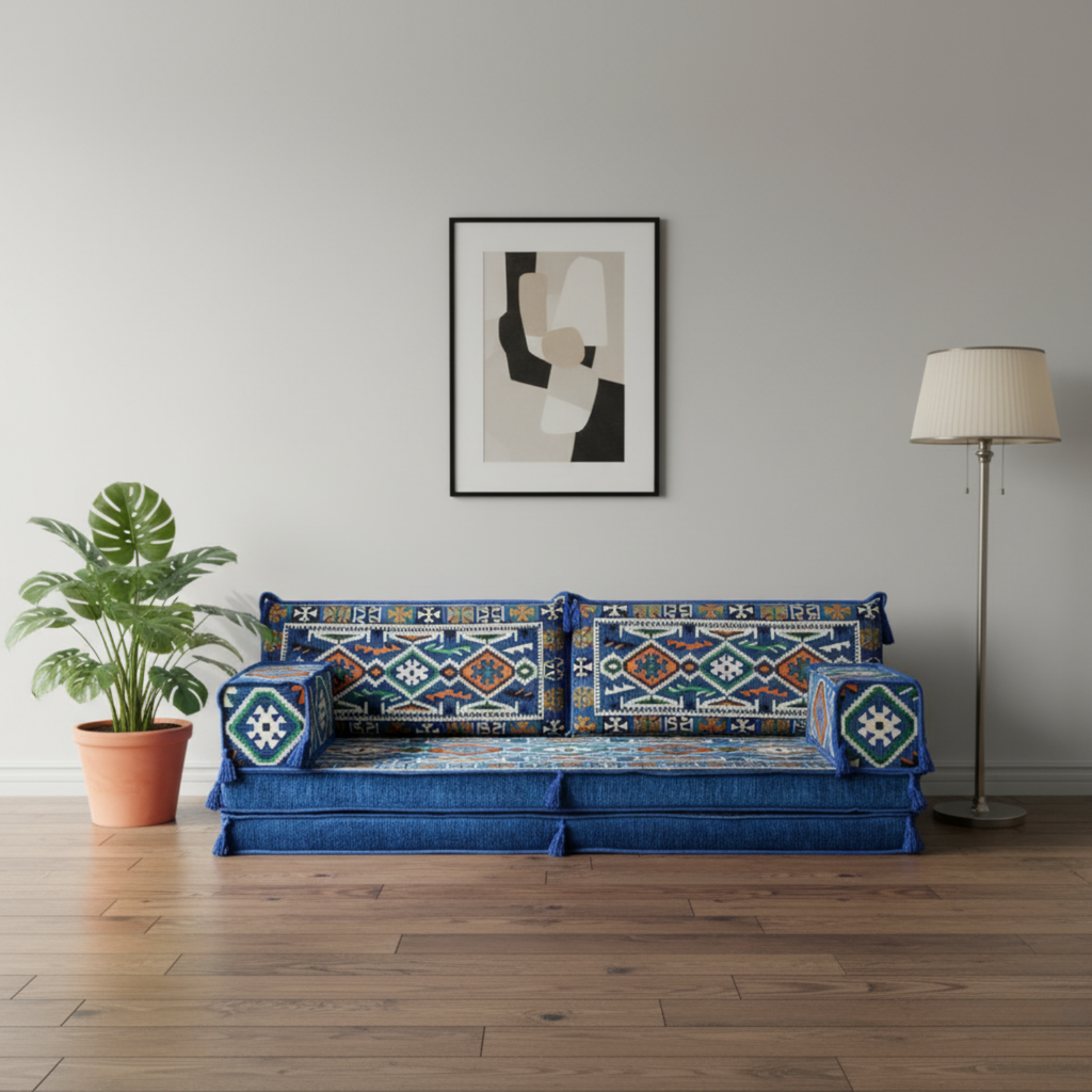 Arabic Loveseat Sofa – Blue Loveseat with 4 and 8 Inch Cushion Options