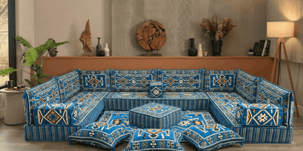 Arabic Floor Sofa Set – Navy Blue U Shaped Majlis Sectional with 8 Inch Cushions