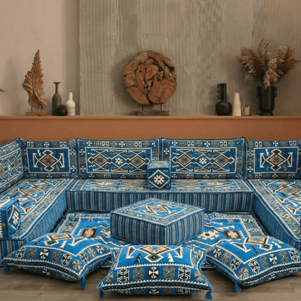 Arabic Floor Sofa Set – Navy Blue U Shaped Majlis Sectional with 8 Inch Cushions