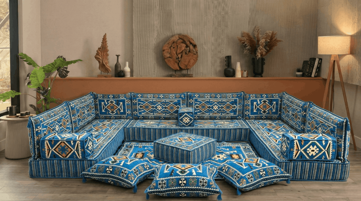 Arabic Floor Sofa Set – Navy Blue U Shaped Majlis Sectional with 8 Inch Cushions