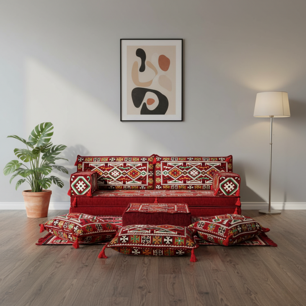 Arabic Loveseat Sofa Set – Maroon Loveseat Set with 4 and 8 Inch Cushion Options