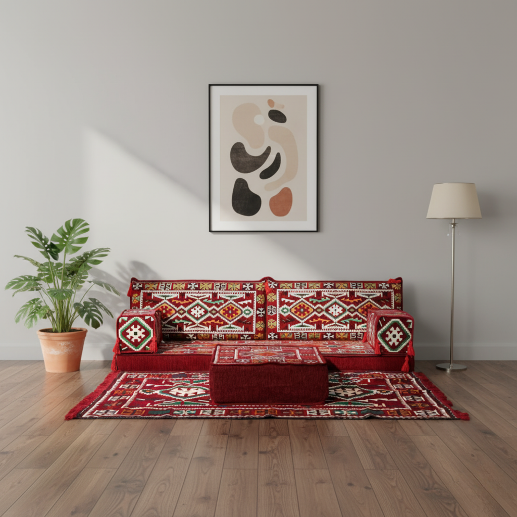 Arabic Loveseat Sofa Set – Maroon Loveseat Set with 4 and 8 Inch Cushion Options