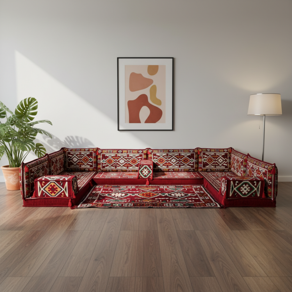 Arabic Floor Sofa Set – Maroon U Shaped Majlis Sectional with 4 Inch Cushions
