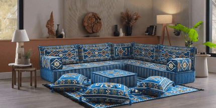 Arabic Floor Sofa Set – Navy Blue L Shaped Majlis Sectional with 8 Inch Cushions