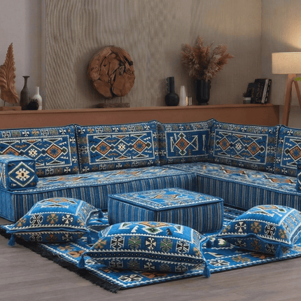 Arabic Floor Sofa Set – Navy Blue L Shaped Majlis Sectional with 8 Inch Cushions