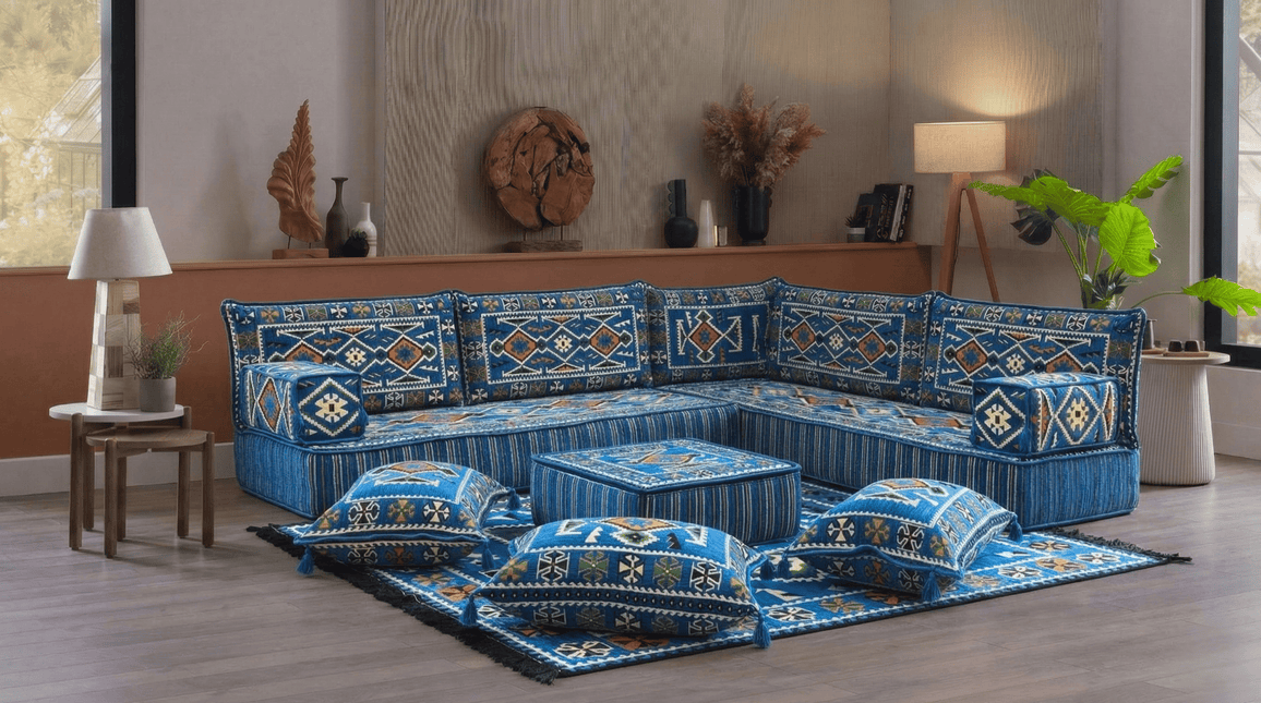 Arabic Floor Sofa Set – Navy Blue L Shaped Majlis Sectional with 8 Inch Cushions