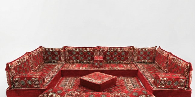Arabic Floor Sofa Set – Red U Shaped Majlis Sectional with 8 Inch Cushions