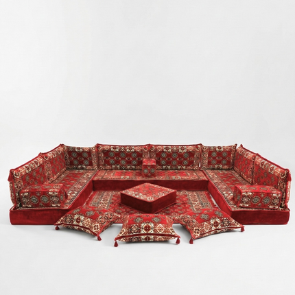 Arabic Floor Sofa Set – Red U Shaped Majlis Sectional with 8 Inch Cushions
