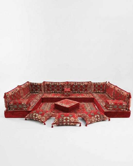 Arabic Floor Sofa Set – Red U Shaped Majlis Sectional with 8 Inch Cushions