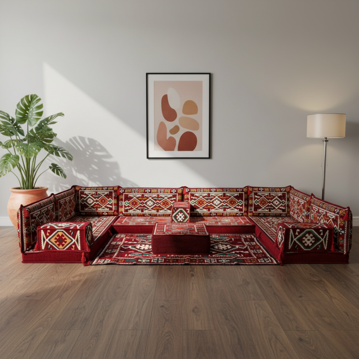 Arabic Floor Sofa Set – Maroon U Shaped Majlis Sectional with 4 Inch Cushions