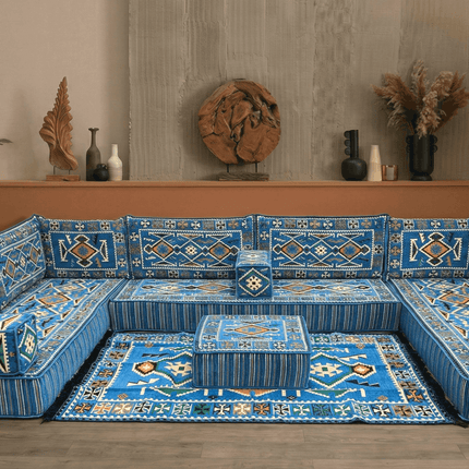 Arabic Floor Sofa Set – Navy Blue U Shaped Majlis Sectional with 8 Inch Cushions