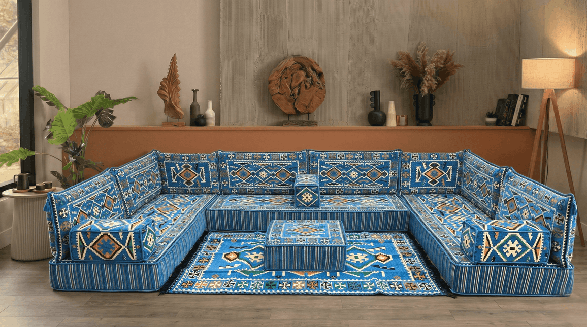 Arabic Floor Sofa Set – Navy Blue U Shaped Majlis Sectional with 8 Inch Cushions