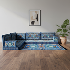 Arabic Floor Sofa Set – Navy Blue L Shaped Majlis Sectional with 4 Inch Cushions