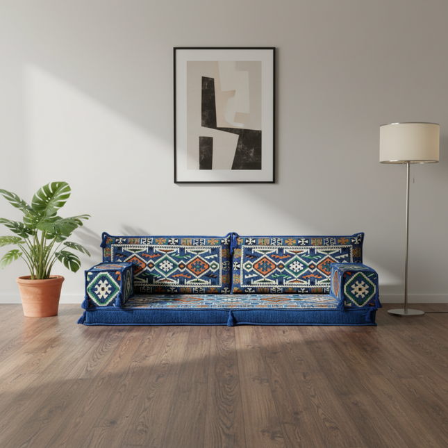 Arabic Loveseat Sofa – Blue Loveseat with 4 and 8 Inch Cushion Options