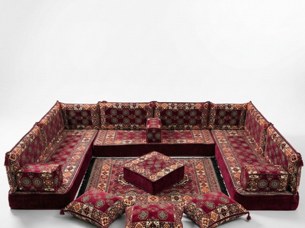 Bukhara U-shaped Arabic majlis floor sofa in Burgundy, 8-inch cushions - photo 1