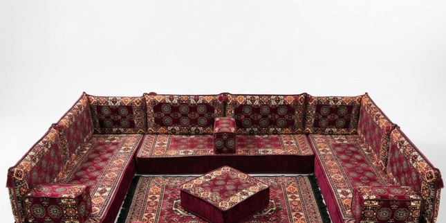 Arabic Floor Sofa Set – Maroon U Shaped Majlis Sectional with 8 Inch Cushions