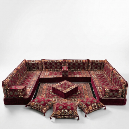 Arabic Floor Sofa Set – Maroon U Shaped Majlis Sectional with 8 Inch Cushions