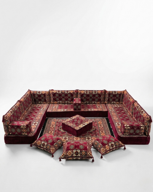 Arabic Floor Sofa Set – Maroon U Shaped Majlis Sectional with 8 Inch Cushions