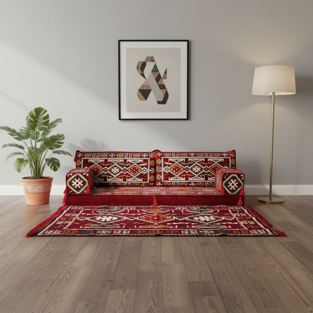 Arabic Loveseat Sofa Set – Maroon Loveseat Set with 4 and 8 Inch Cushion Options