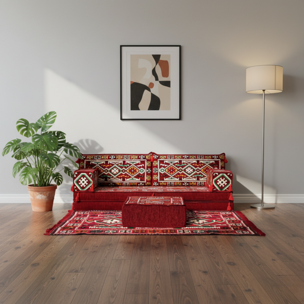 Arabic Loveseat Sofa Set – Maroon Loveseat Set with 4 and 8 Inch Cushion Options