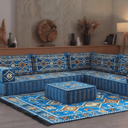 Arabic Floor Sofa Set – Navy Blue L Shaped Majlis Sectional with 8 Inch Cushions