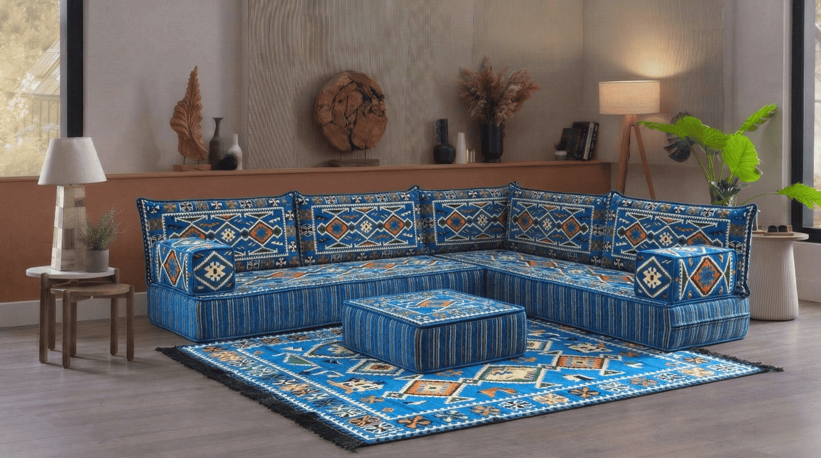 Arabic Floor Sofa Set – Navy Blue L Shaped Majlis Sectional with 8 Inch Cushions