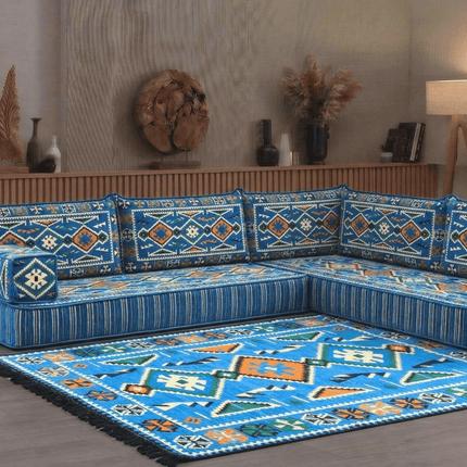 Arabic Floor Sofa Set – Navy Blue L Shaped Majlis Sectional with 8 Inch Cushions