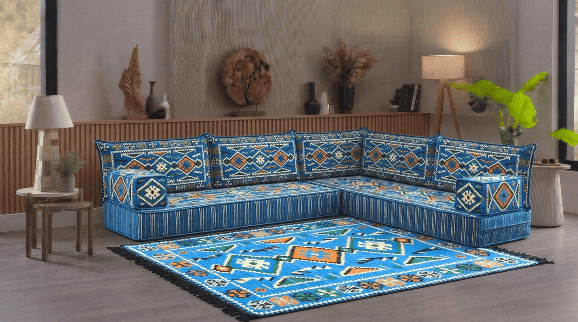 Arabic Floor Sofa Set – Navy Blue L Shaped Majlis Sectional with 8 Inch Cushions