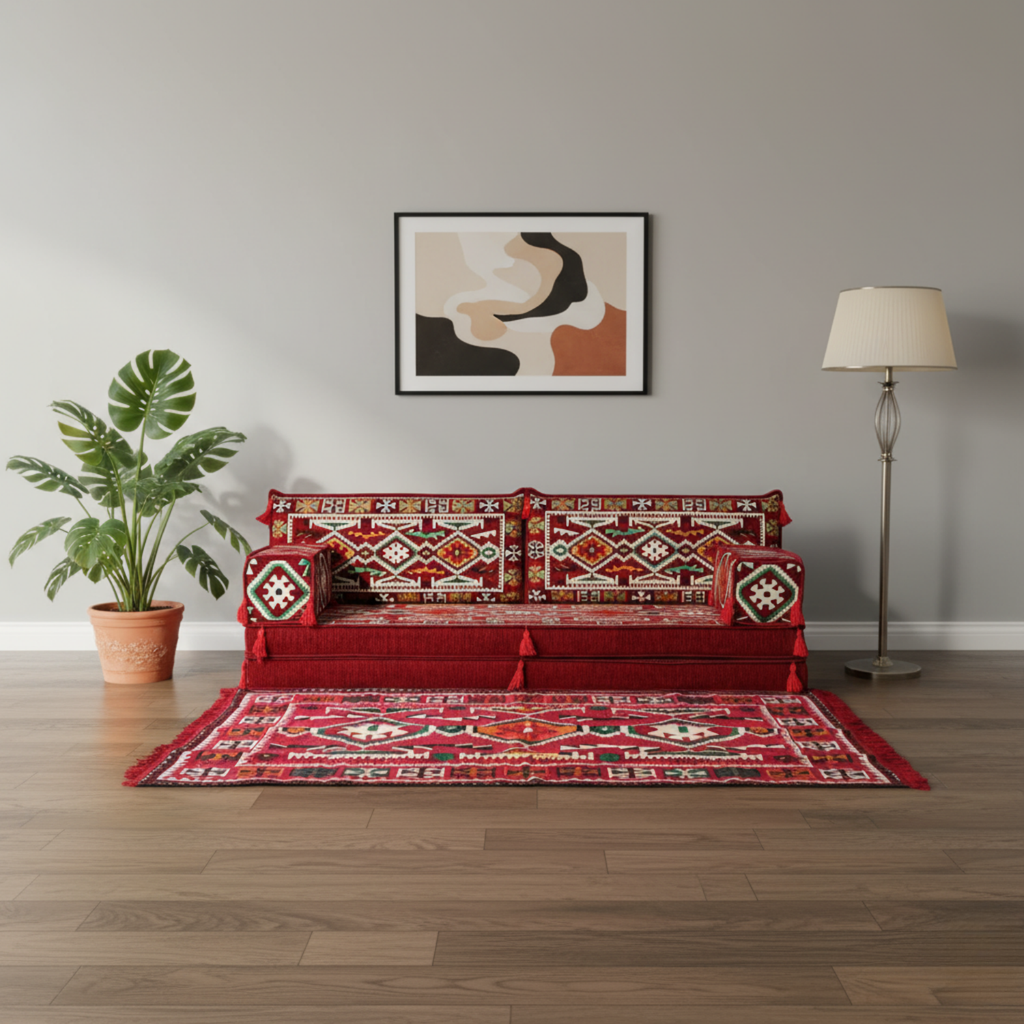 Arabic Loveseat Sofa Set – Maroon Loveseat Set with 4 and 8 Inch Cushion Options