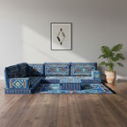 Arabic Floor Sofa Set – Navy Blue L Shaped Majlis Sectional with 4 Inch Cushions
