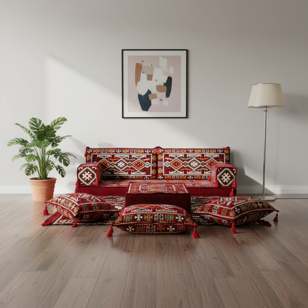 Arabic Loveseat Sofa Set – Maroon Loveseat Set with 4 and 8 Inch Cushion Options