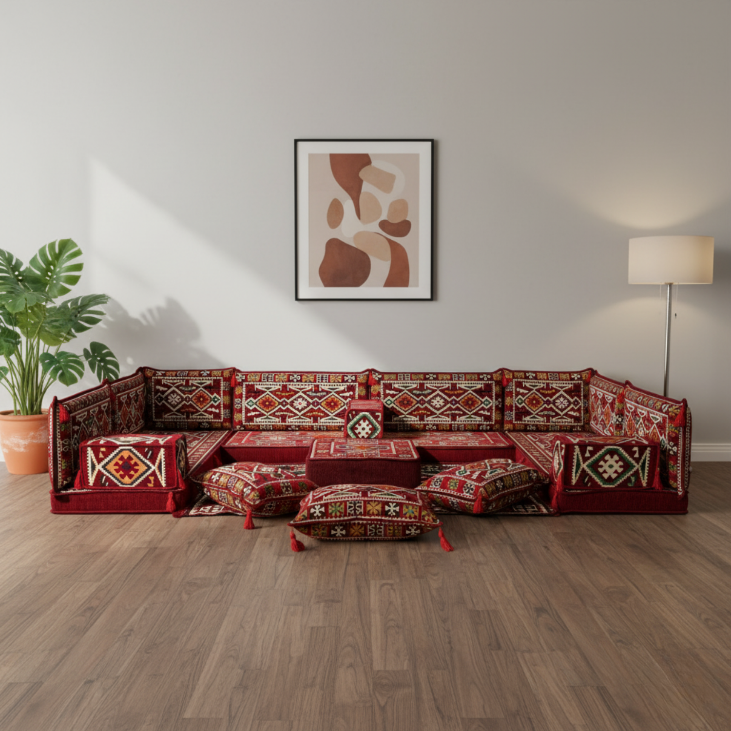 Arabic Floor Sofa Set – Maroon U Shaped Majlis Sectional with 4 Inch Cushions