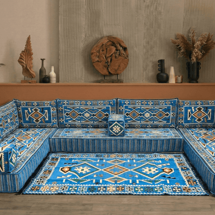 Arabic Floor Sofa Set – Navy Blue U Shaped Majlis Sectional with 8 Inch Cushions