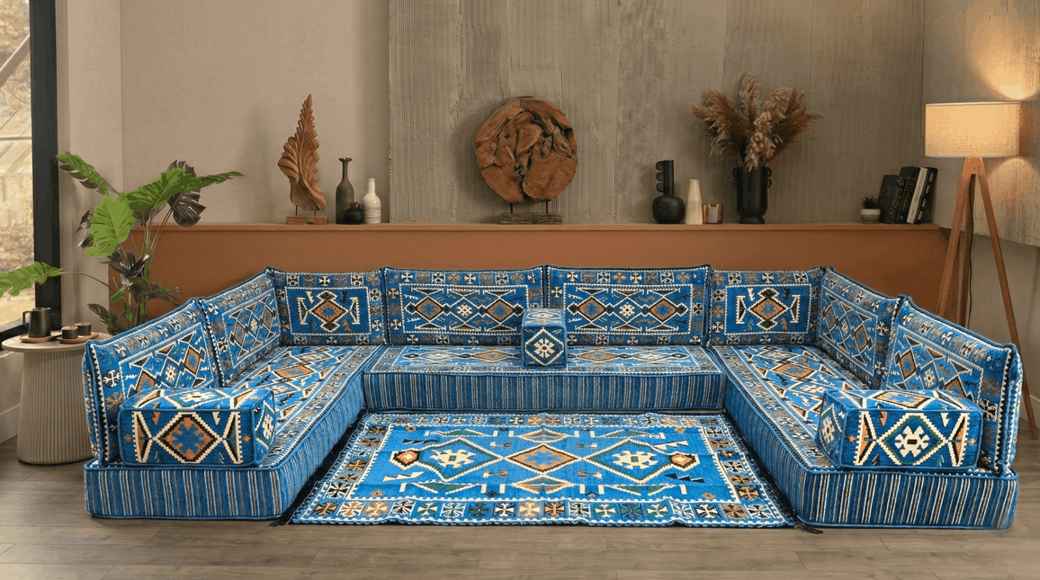 Arabic Floor Sofa Set – Navy Blue U Shaped Majlis Sectional with 8 Inch Cushions