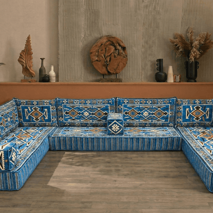 Arabic Floor Sofa Set – Navy Blue U Shaped Majlis Sectional with 8 Inch Cushions