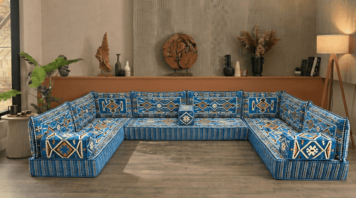 Arabic Floor Sofa Set – Navy Blue U Shaped Majlis Sectional with 8 Inch Cushions