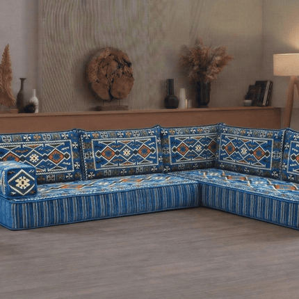 Arabic Floor Sofa Set – Navy Blue L Shaped Majlis Sectional with 8 Inch Cushions
