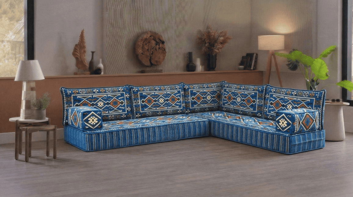 Arabic Floor Sofa Set – Navy Blue L Shaped Majlis Sectional with 8 Inch Cushions