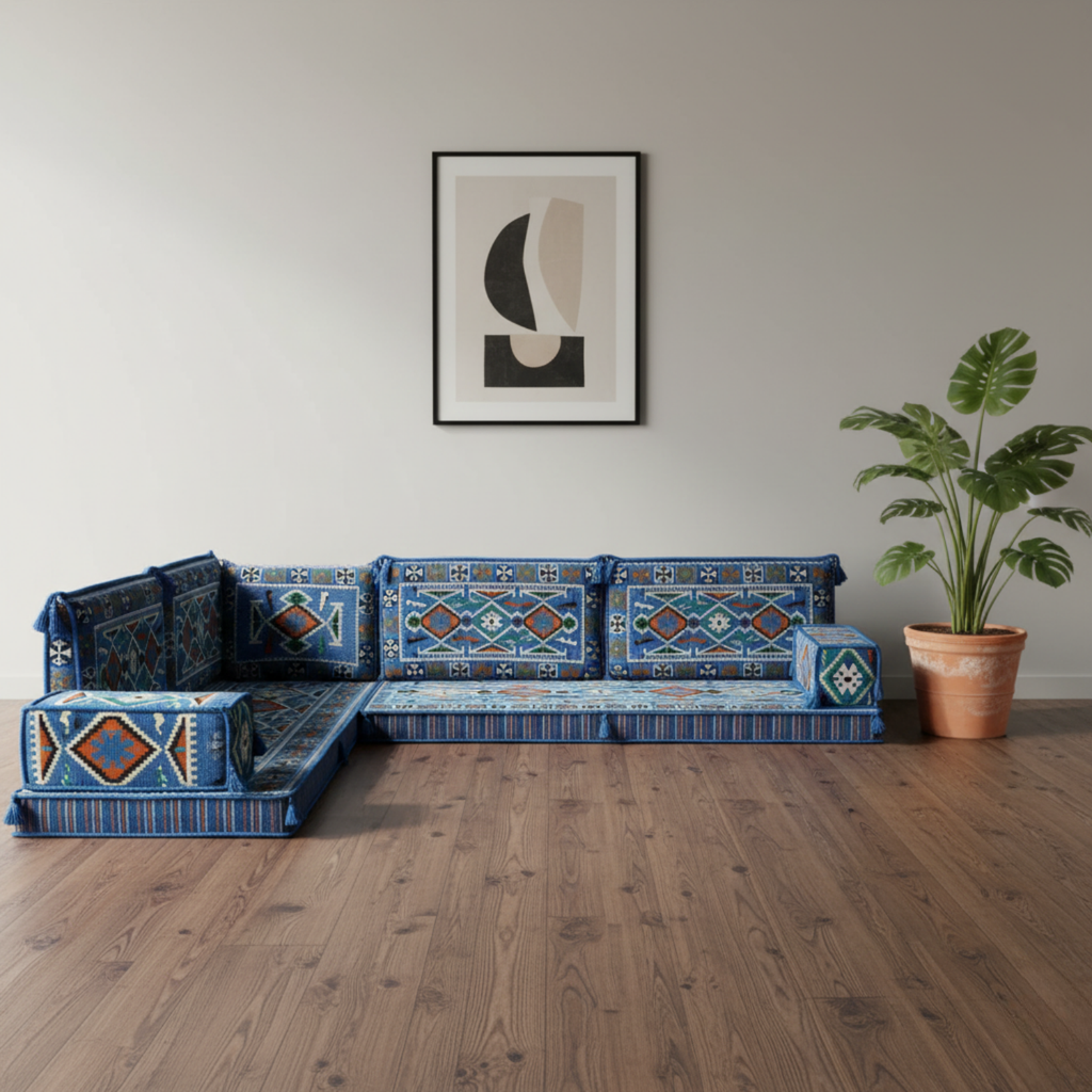 Arabic Floor Sofa Set – Navy Blue L Shaped Majlis Sectional with 4 Inch Cushions