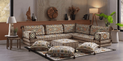 Arabic Floor Sofa Set – Light Brown L Shaped Majlis Sectional with 8 Inch Cushions